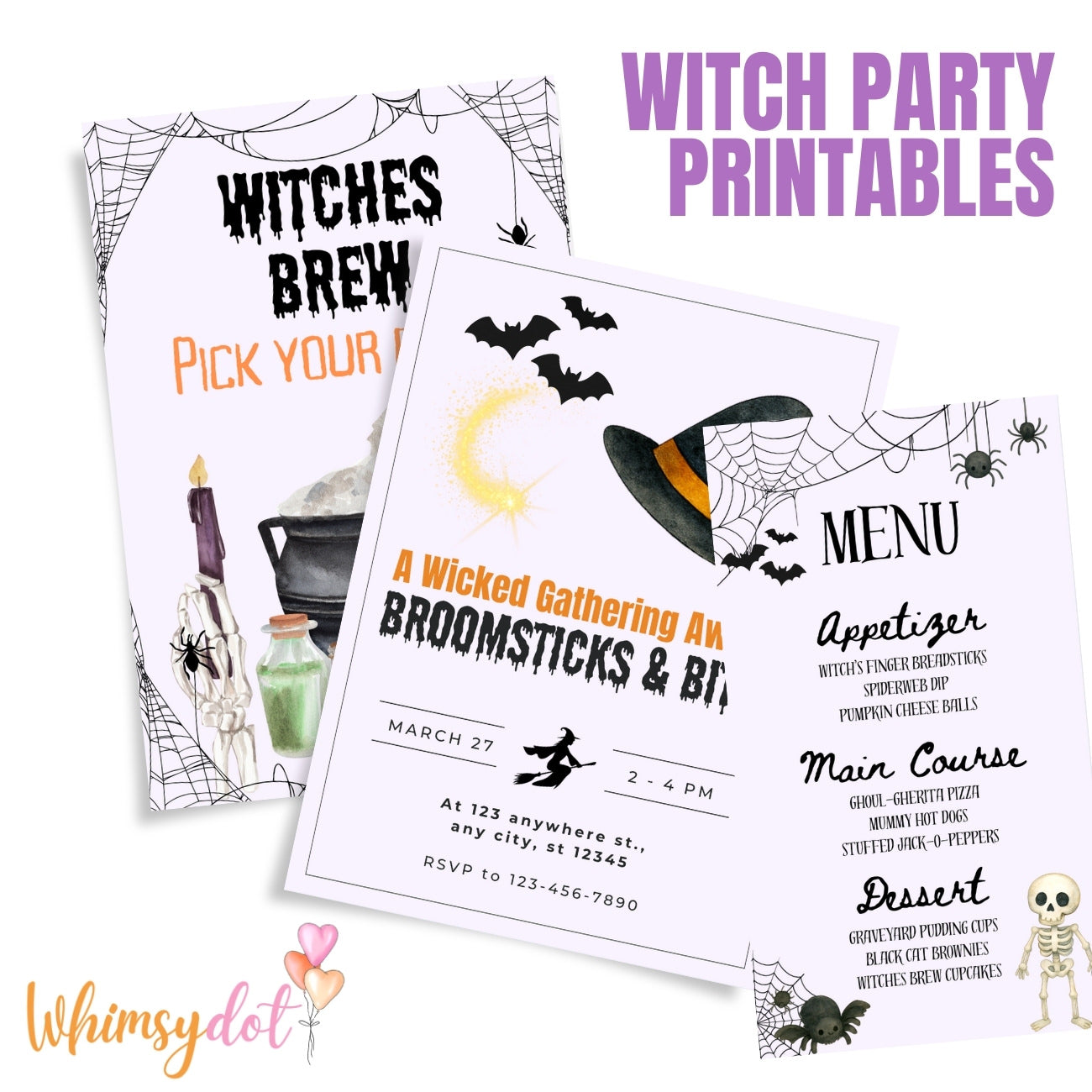 Halloween party printables – welcome sign, witch invitation, menu, pennant, and treat bag tags