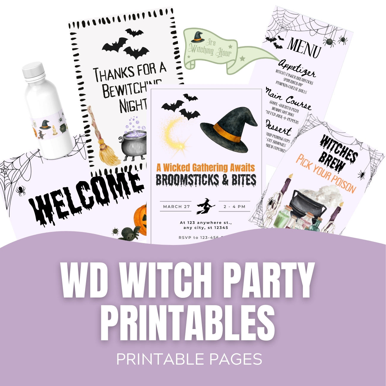 Printable witch-themed party kit with bar sign, place cards, and water bottle wrappers – instant download PDF