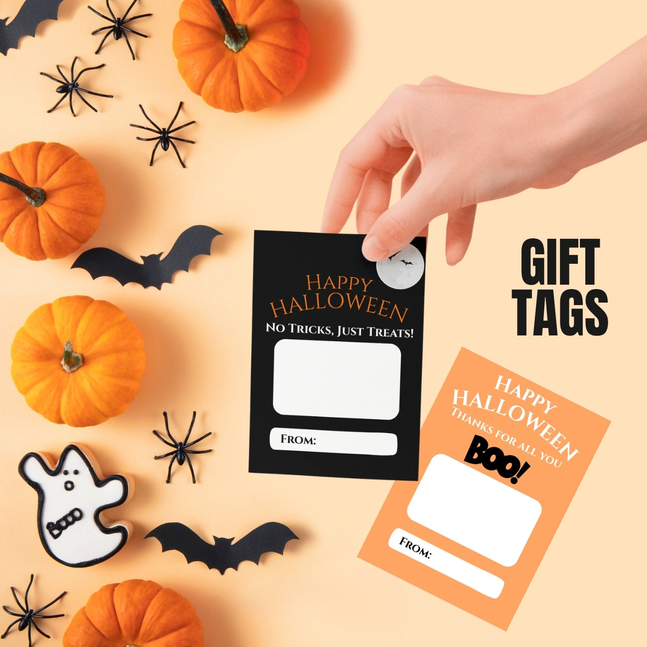 Halloween-themed gift tags with pumpkins, ghosts, and spiders 