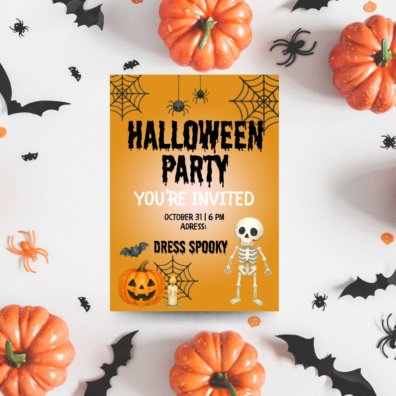 Halloween party invitation with pumpkins, bats, and spiders 