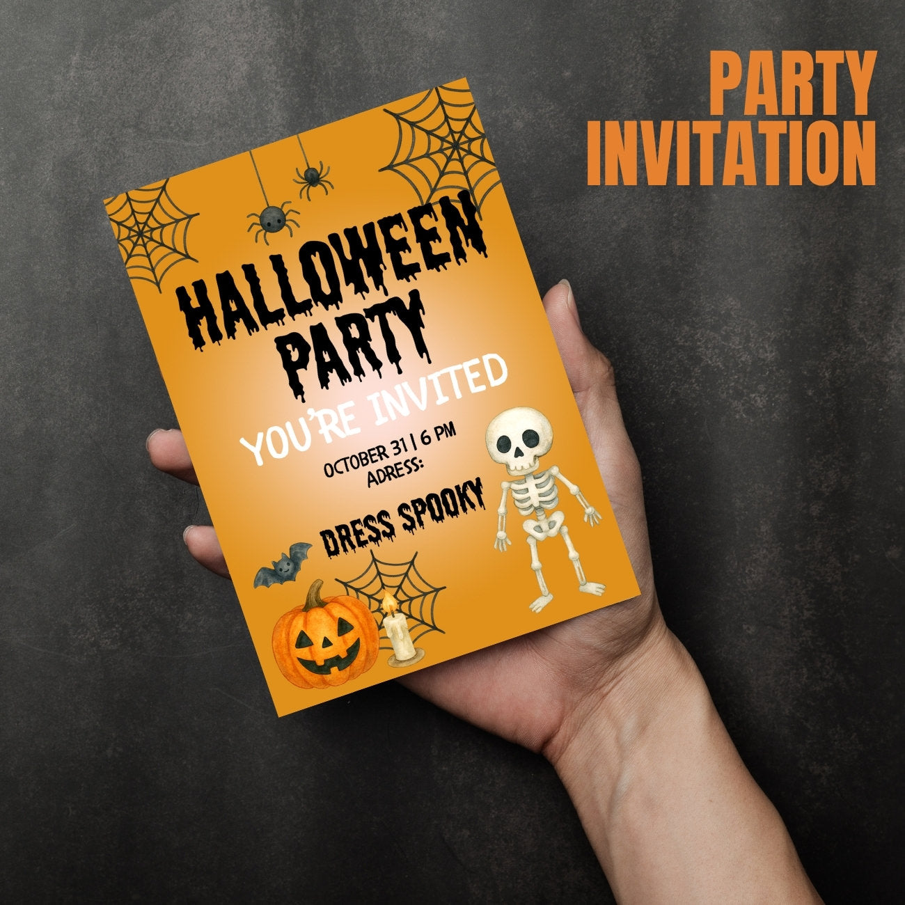 Halloween party invitation with spider webs, pumpkins, and a skeleton on an orange background.